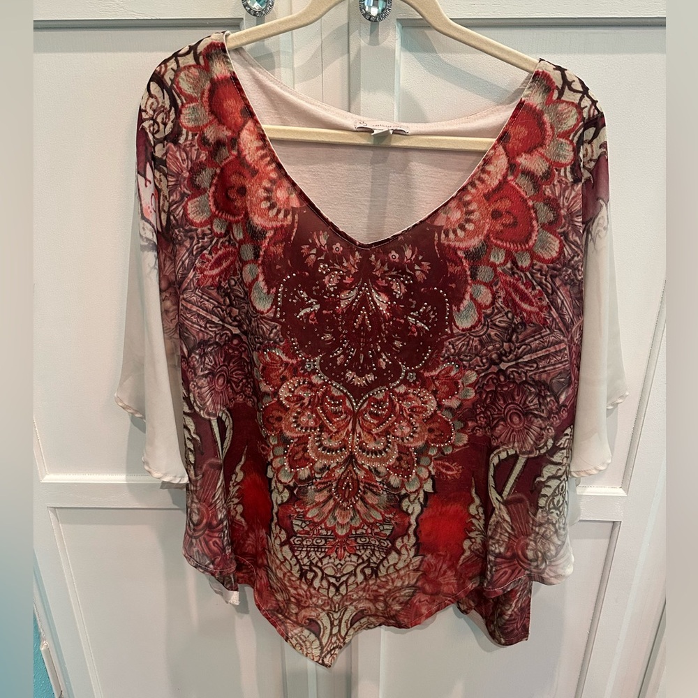 3X Poncho Style V-Neck Top - Rust and Cream